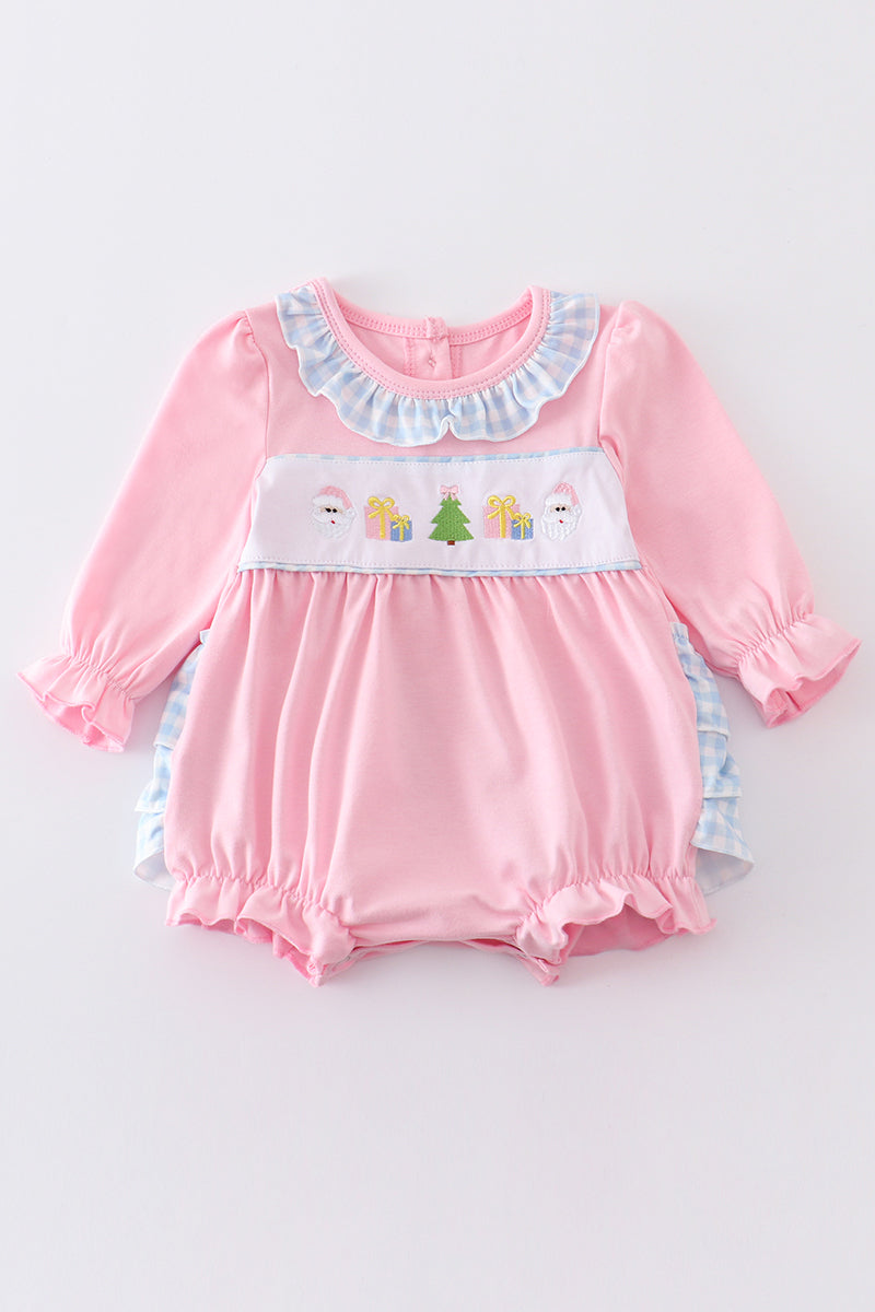 Pink Christmas Santa Embroidery Ruffle Girl Bubble