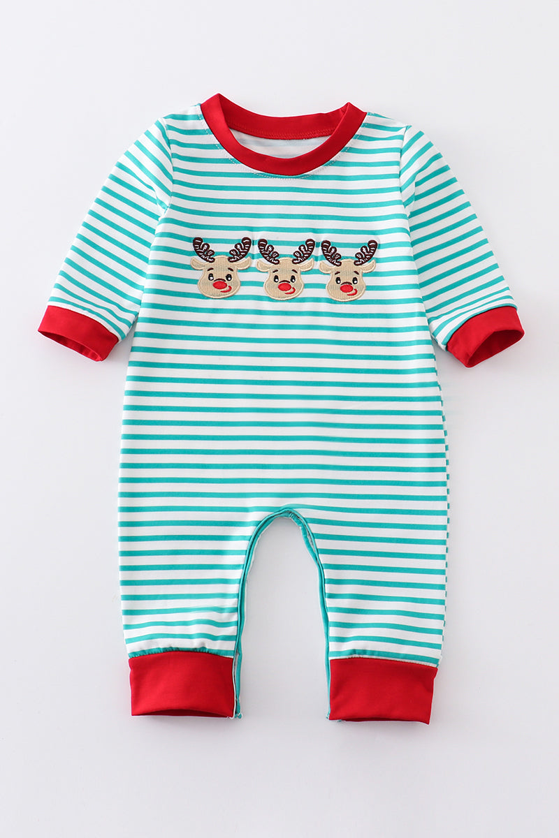 Green Stripe Christmas Deer Embroidery Romper