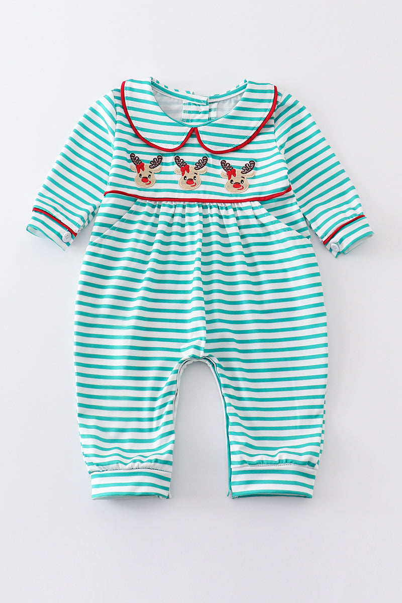 Green Stripe Christmas Deer Embroidery Romper