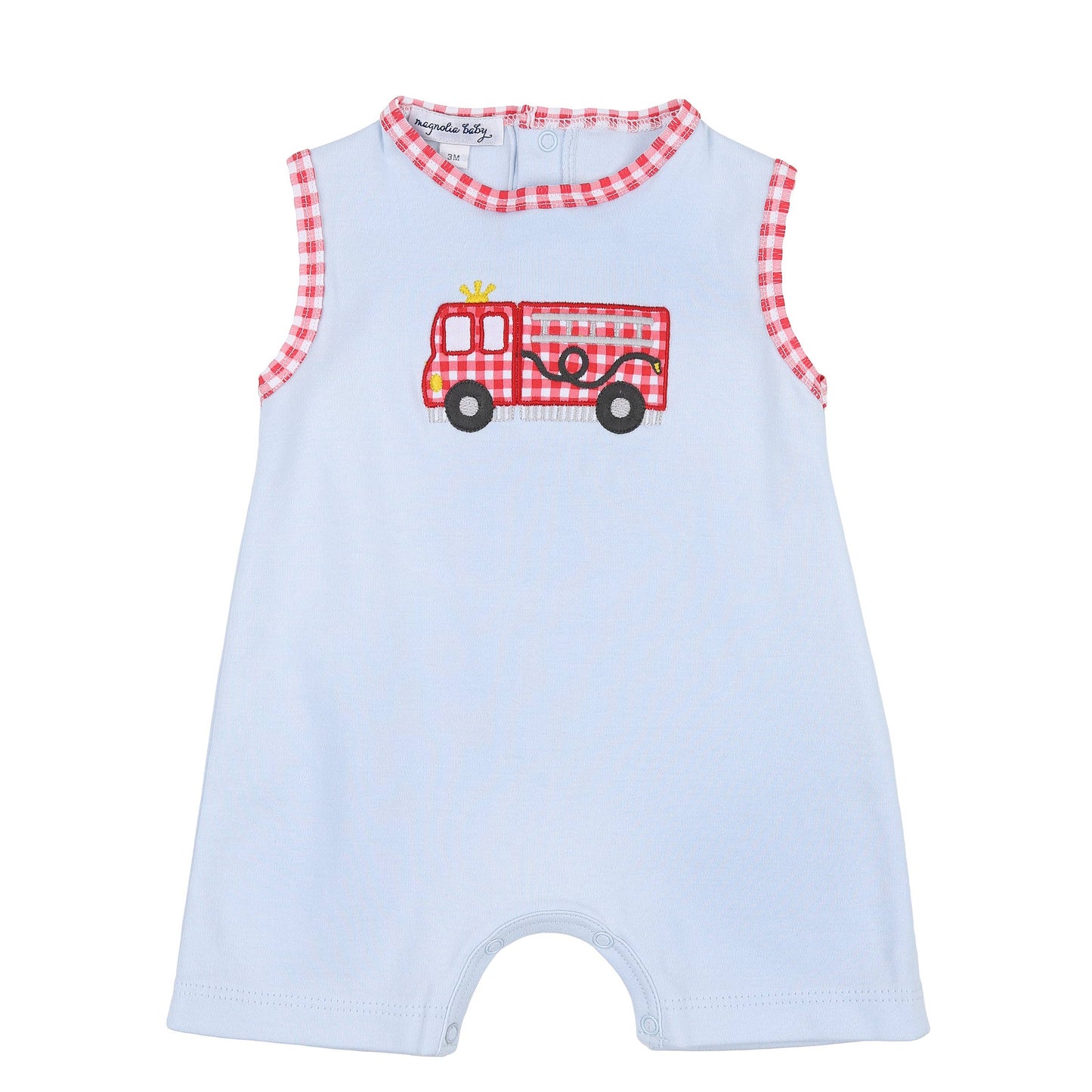 Magnolia Baby Sound the Alarm Applique Blue Sleeveless Short Playsuit