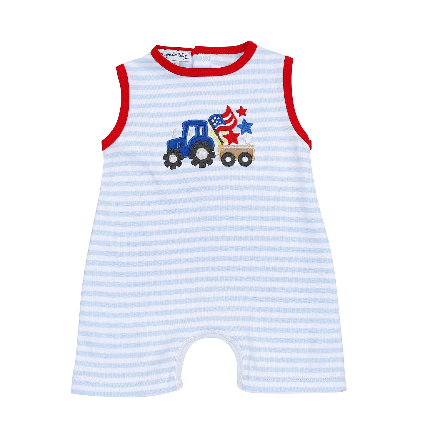 Magnolia Baby Bing, Bam, Boom! Applique Blue S/less Short Playsuit