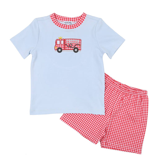 Magnolia Baby Sound the Alarm Applique Blue Toddler Short Set: Blue