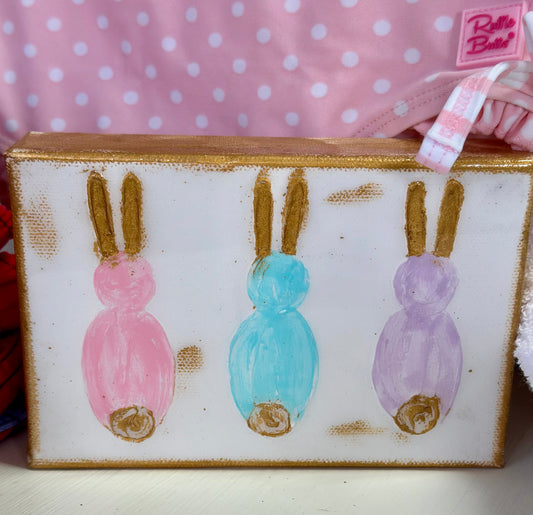 Hand Painted Pink, Blue & Purple Bunnies Canvas by Tangled Brush