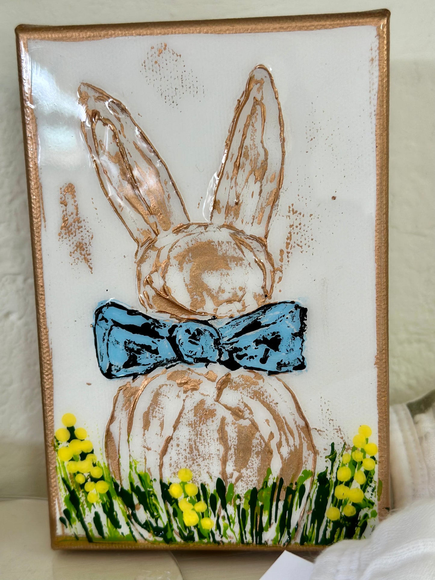 Hand Painted Blue Bunny With Blue Bow Tie Canvas by Tangled Brush