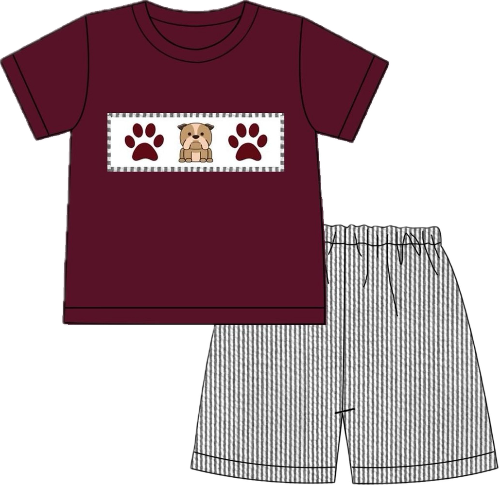 Little Peas Bulldog Embroidered Seersucker Boy Short Set