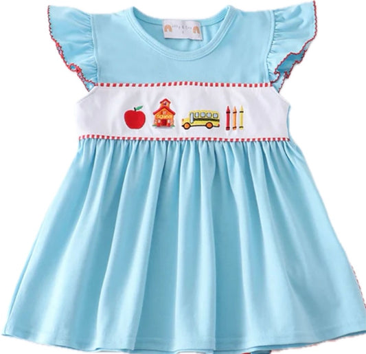 Abby & Evie Blue Back To School Embroidery Dress