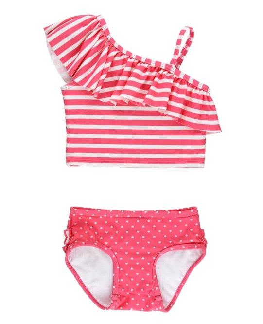 Ruffle Butts Hot Pink Heart Polka Dot One Shoulder Ruffle Tankini