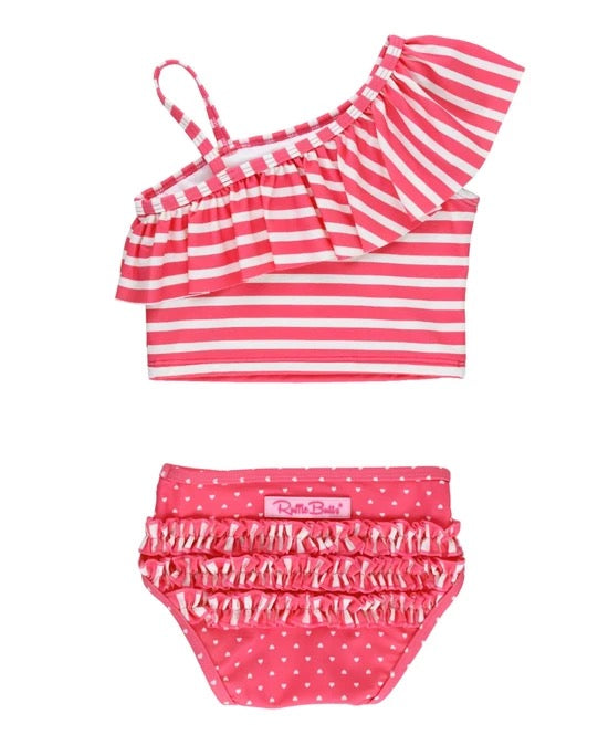 Ruffle Butts Hot Pink Heart Polka Dot One Shoulder Ruffle Tankini