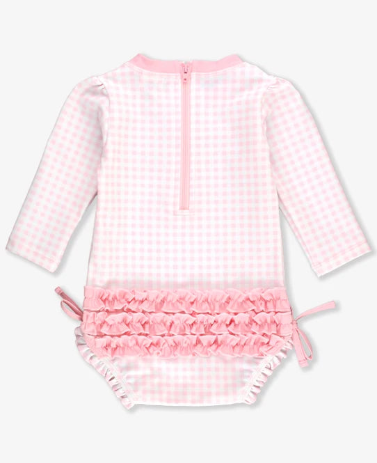 Ruffle Butts Pink Gingham Long Sleeve One Piece Rash Guard Swim