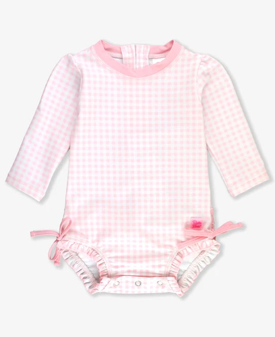 Ruffle Butts Pink Gingham Long Sleeve One Piece Rash Guard Swim