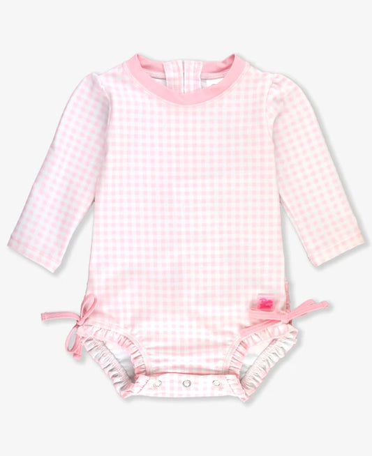 Ruffle Butts Pink Gingham Long Sleeve One Piece Rash Guard Swim