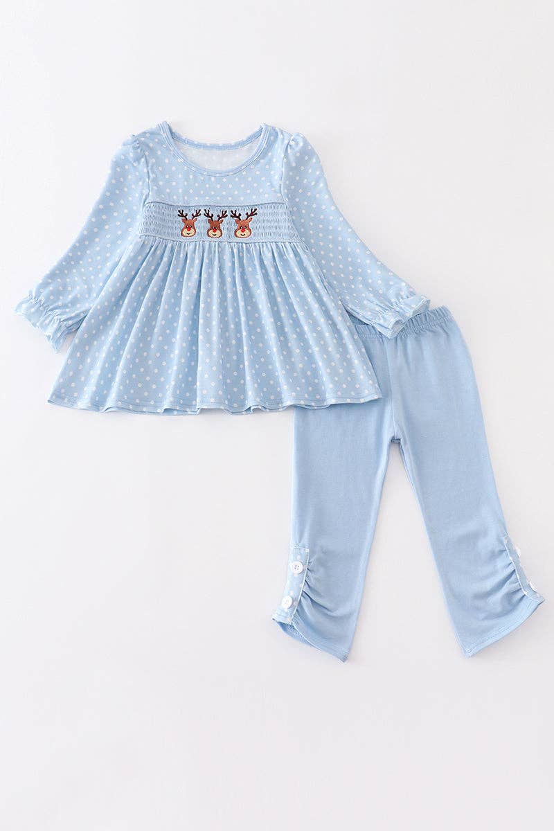 Blue deer smocked girl set: 2