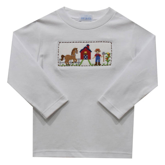 Farm Smocked Knit Long Sleeve Boys Tee Shirt