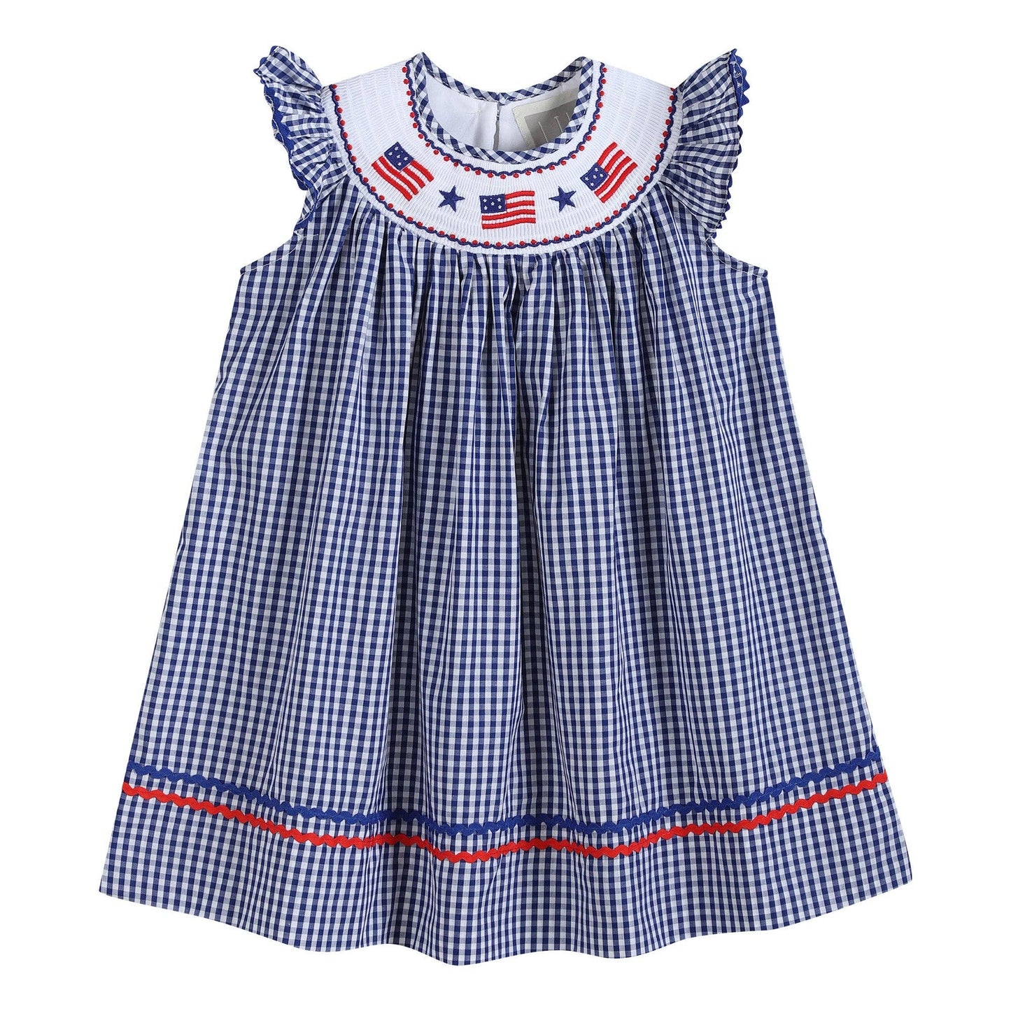 Lil Cactus Royal Blue Gingham American Flag Smocked Bishop Dress