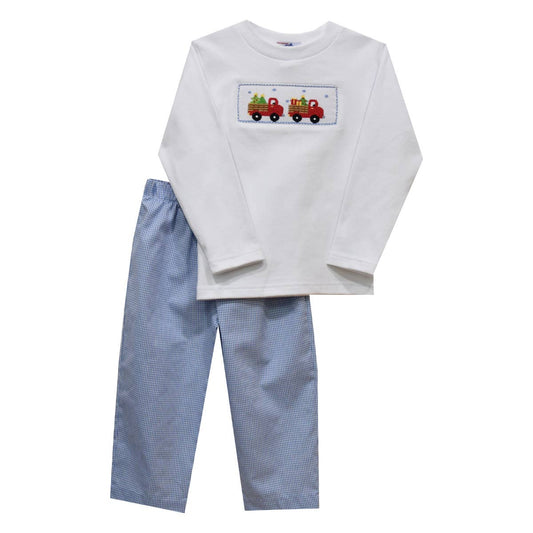 Christmas Trucks Smocked Mini Check Boys Pant Set