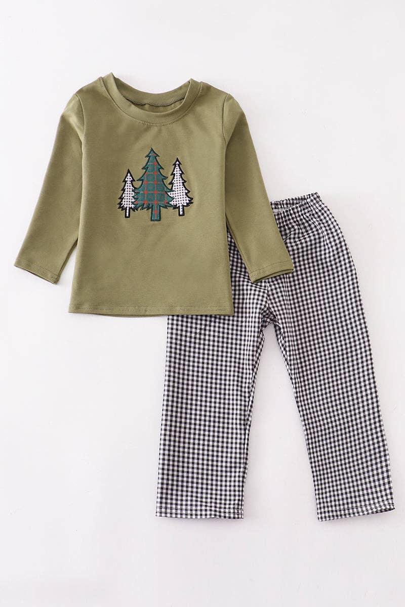 Forest christmas trees applique & plaid pant 2pc boy set