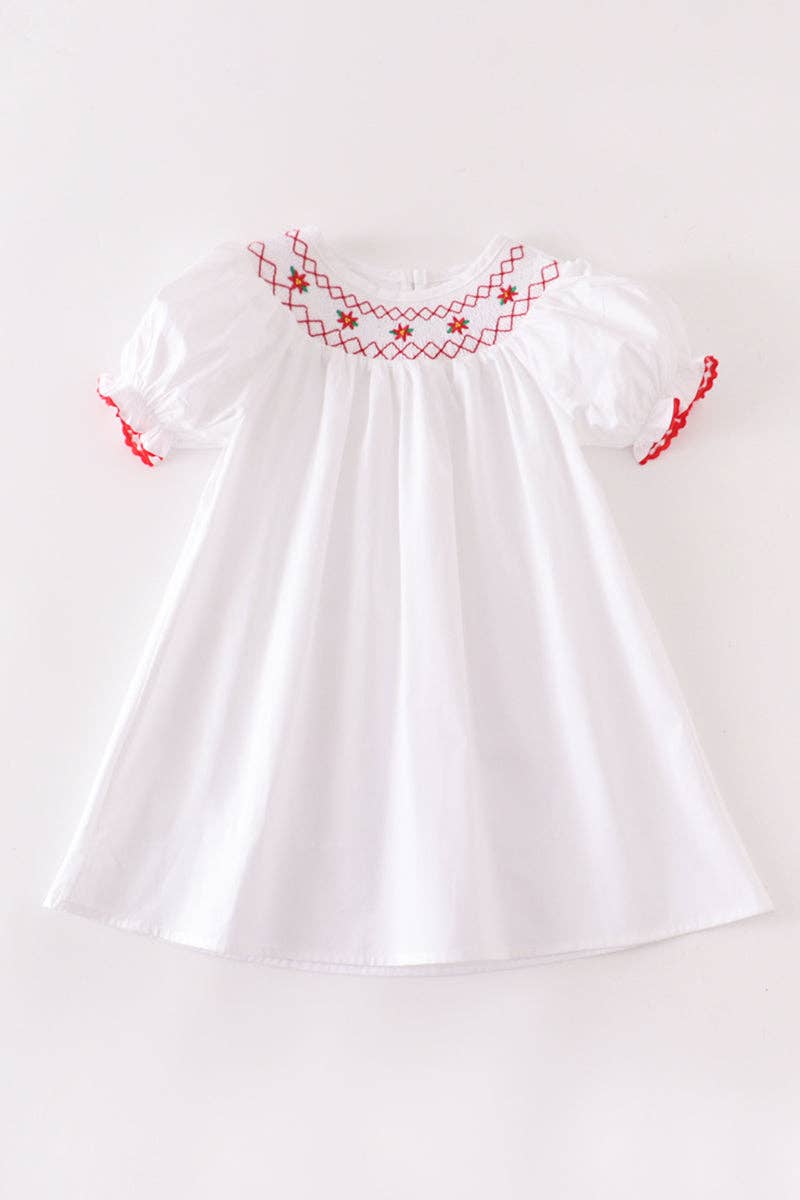 White Floral Smocked Puff Sleeve Dress