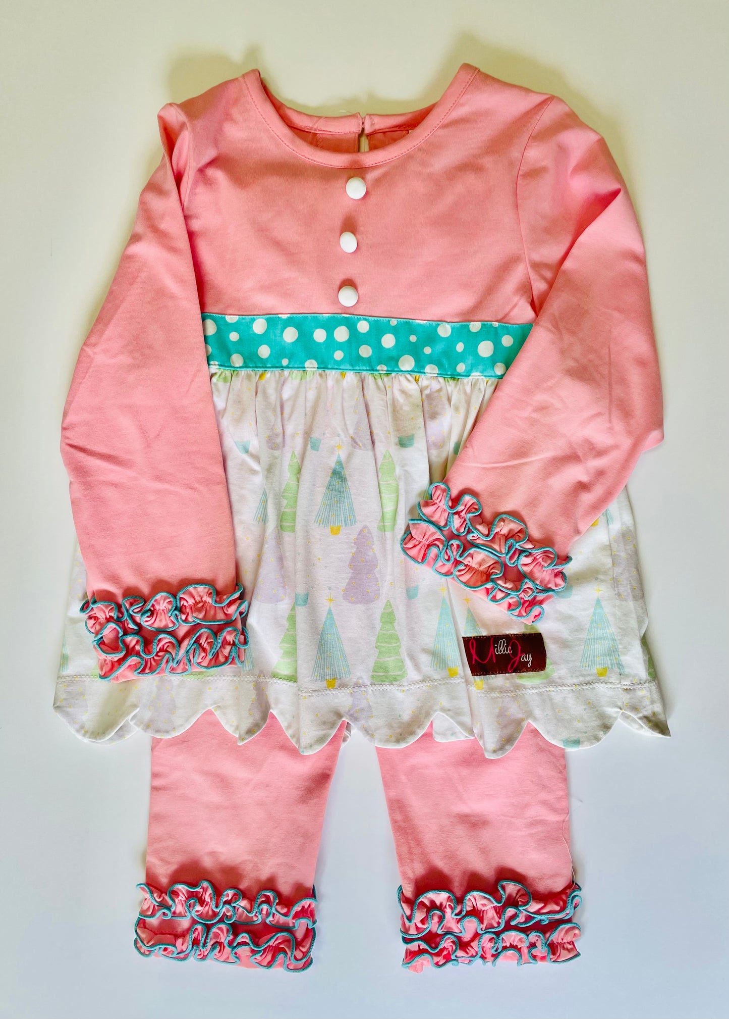 Millie Jay Pink/Aqua 2 Piece Outfit with Pastel Christmas Trees