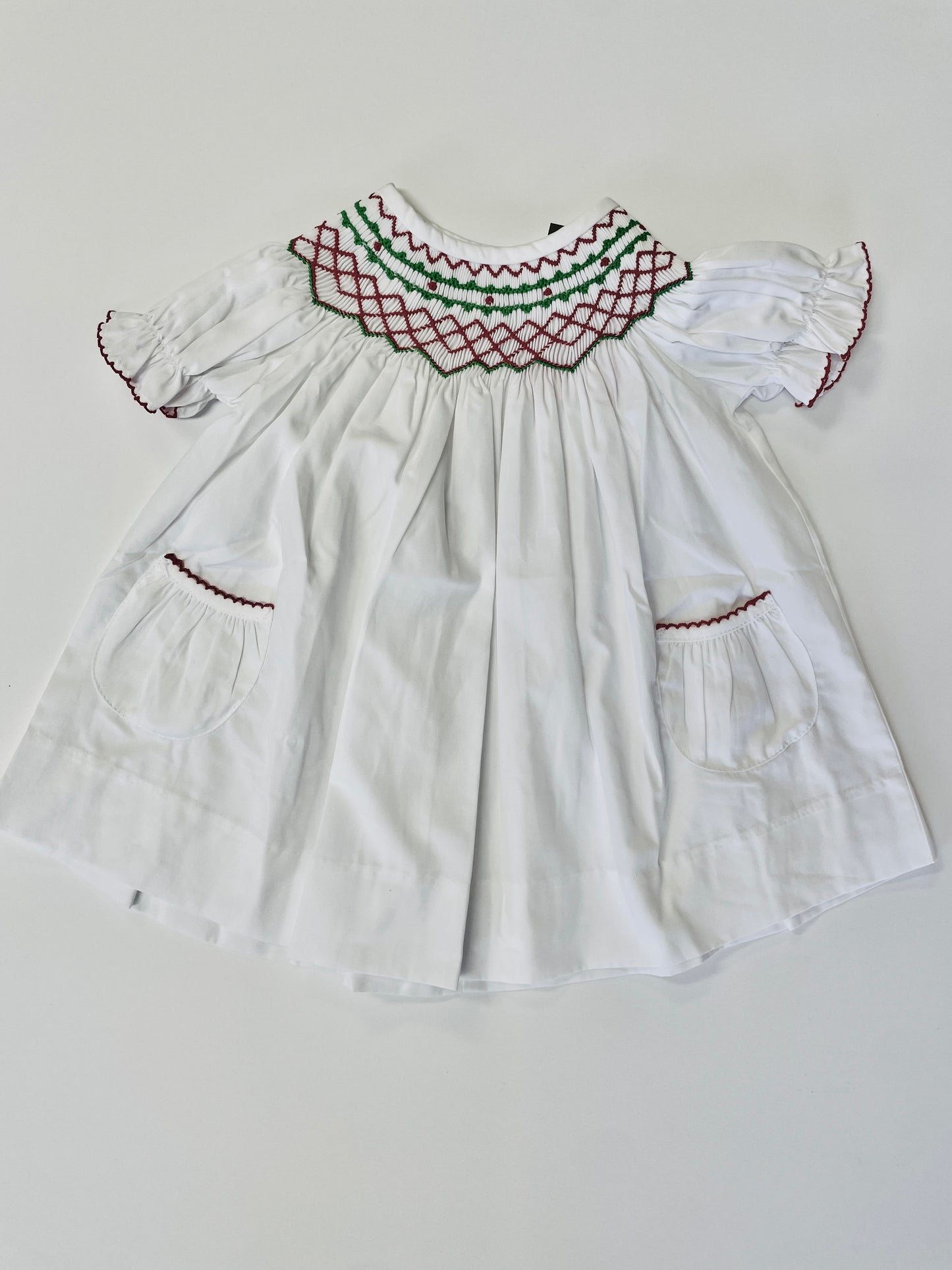 White Christmas Dress with Red and Green Smocking