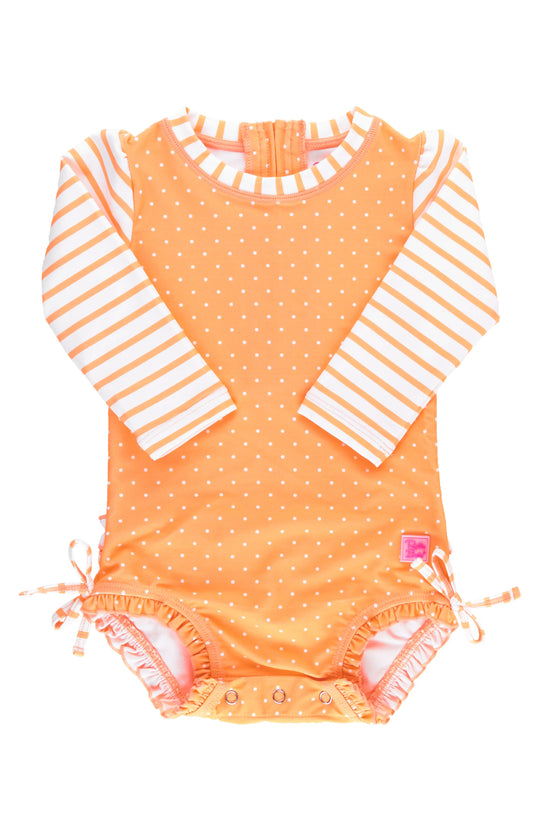 Ruffle Butts Melon Polka Dot Long Sleeve One Piece Rash Guard