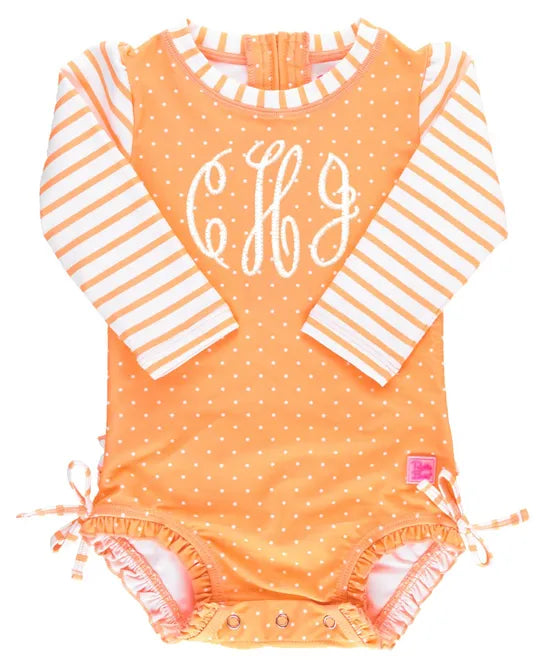 Ruffle Butts Melon Polka Dot Long Sleeve One Piece Rash Guard