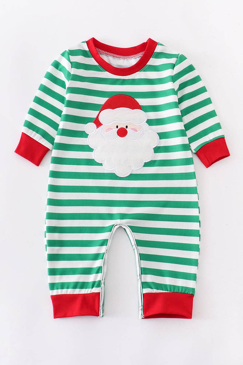 Green Santa Claus applique stripe boy romper