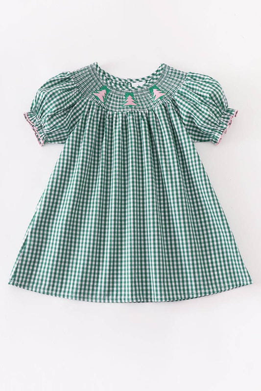 Green Plaid Christmas Tree Smocked Dress