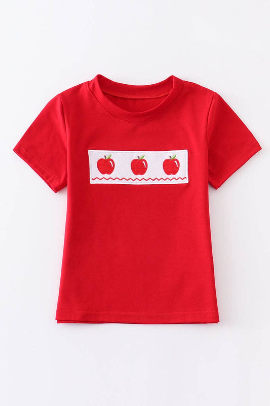 Red back to school apple embroidery boy top