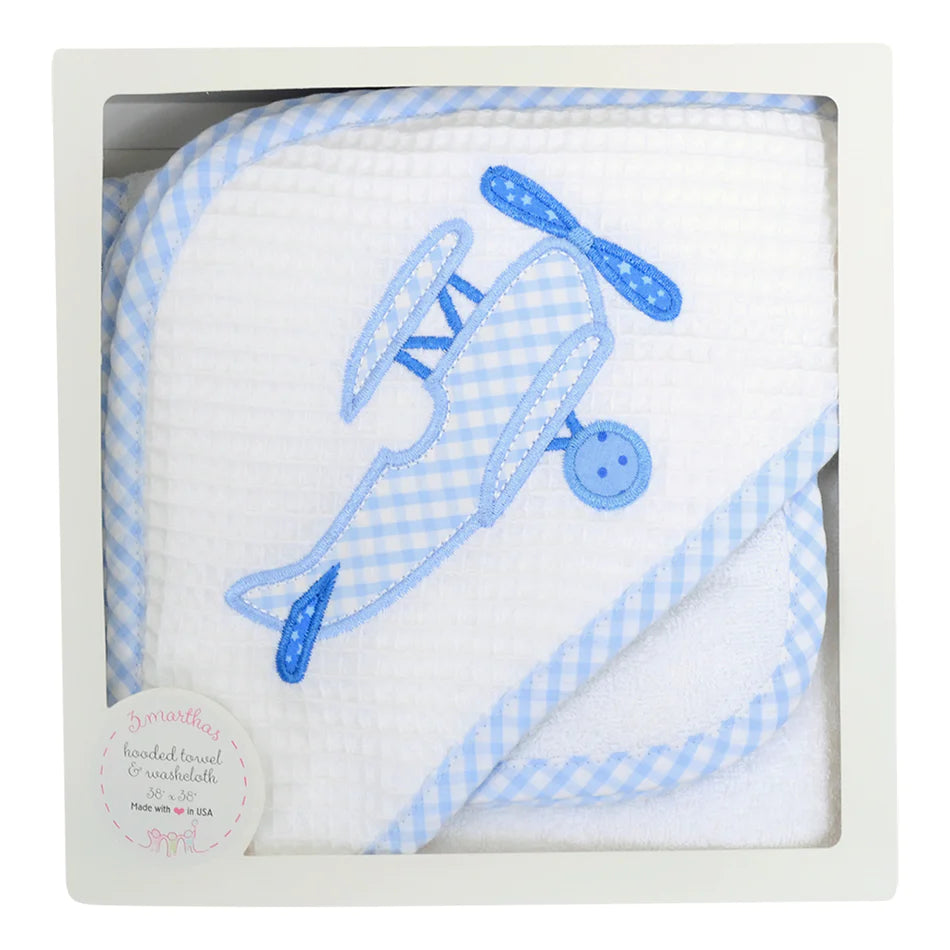 3 Marthas Blue Plane Hooded Towel & Washcloth Set