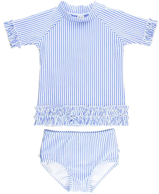 Ruffle Butts Periwinkle Blue Seersucker Short Sleeve Rash Guard Bikini