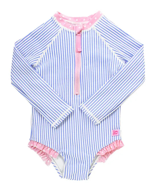 Ruffle Butts Periwinkle Blue Seersucker Girls Long Sleeve One Piece Rash Guard