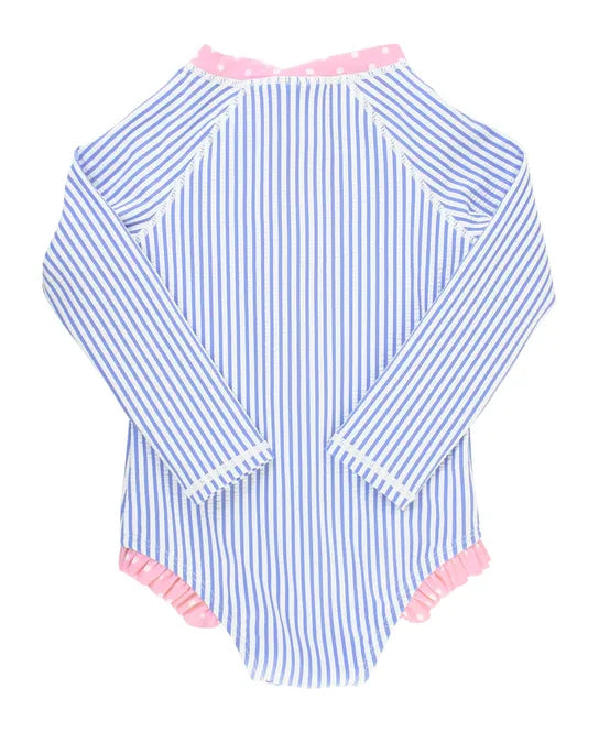 Ruffle Butts Periwinkle Blue Seersucker Girls Long Sleeve One Piece Rash Guard