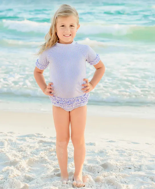 Ruffle Butts Periwinkle Blue Seersucker Short Sleeve Rash Guard Bikini