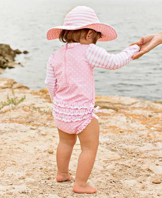 Ruffle Butts Pink Polka Dot Long Sleeve One Piece Rash Guard