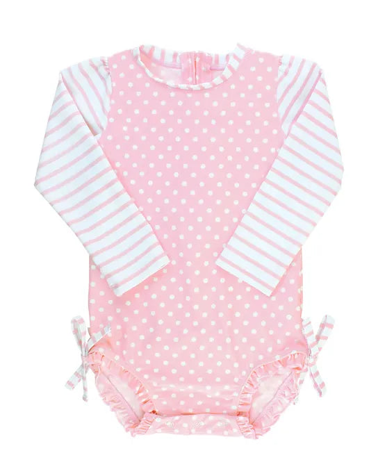 Ruffle Butts Pink Polka Dot Long Sleeve One Piece Rash Guard