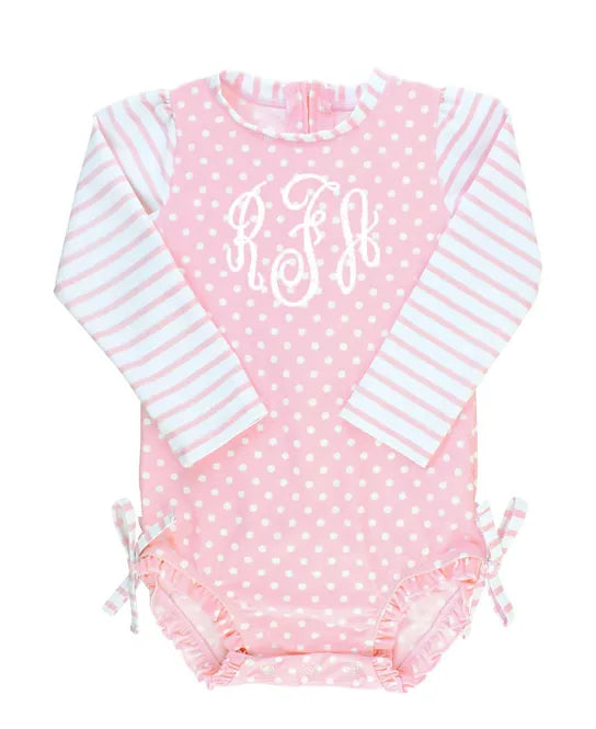 Ruffle Butts Pink Polka Dot Long Sleeve One Piece Rash Guard